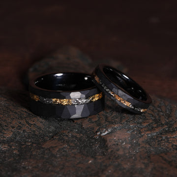 Meteorite Gold Leaf Matching Wedding Band Set | His and Hers Black Hammered Tungsten Couple Rings 1