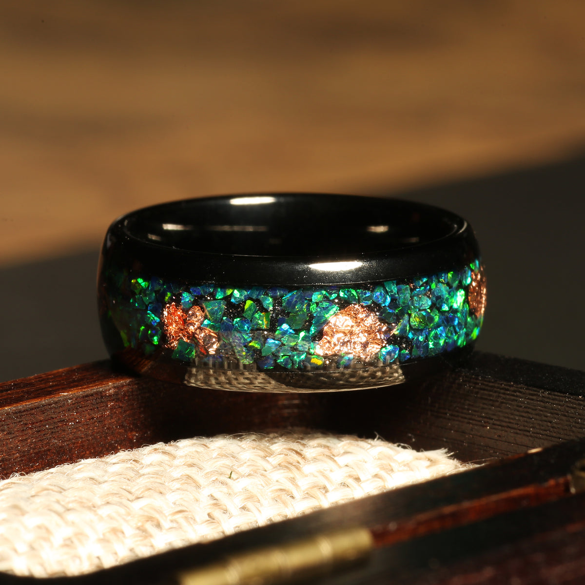 Meteorite gold leaf opal ring for men with rose gold tungsten