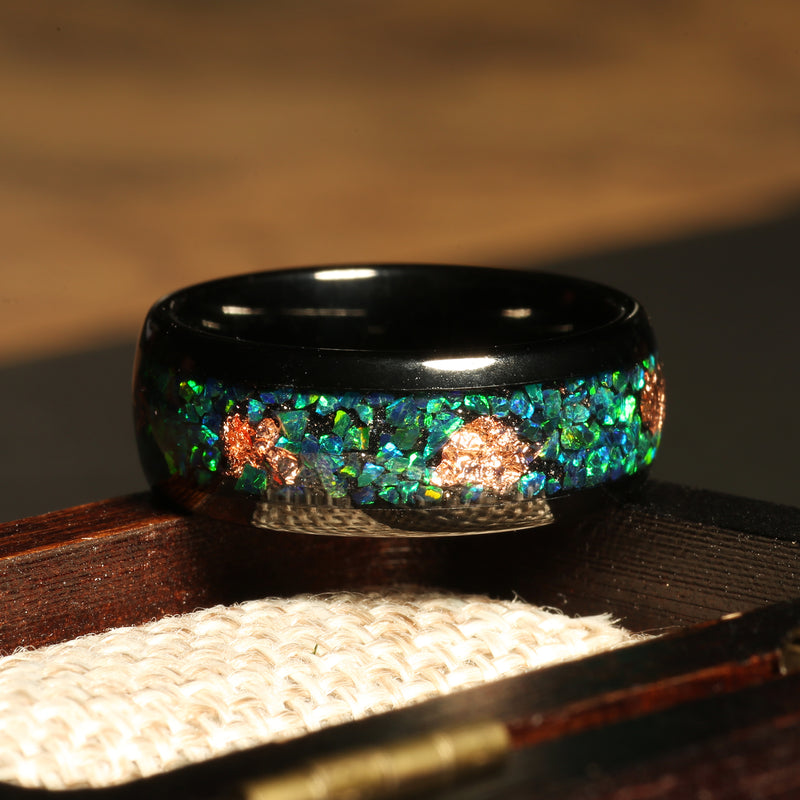 Meteorite gold leaf opal ring for men with rose gold tungsten