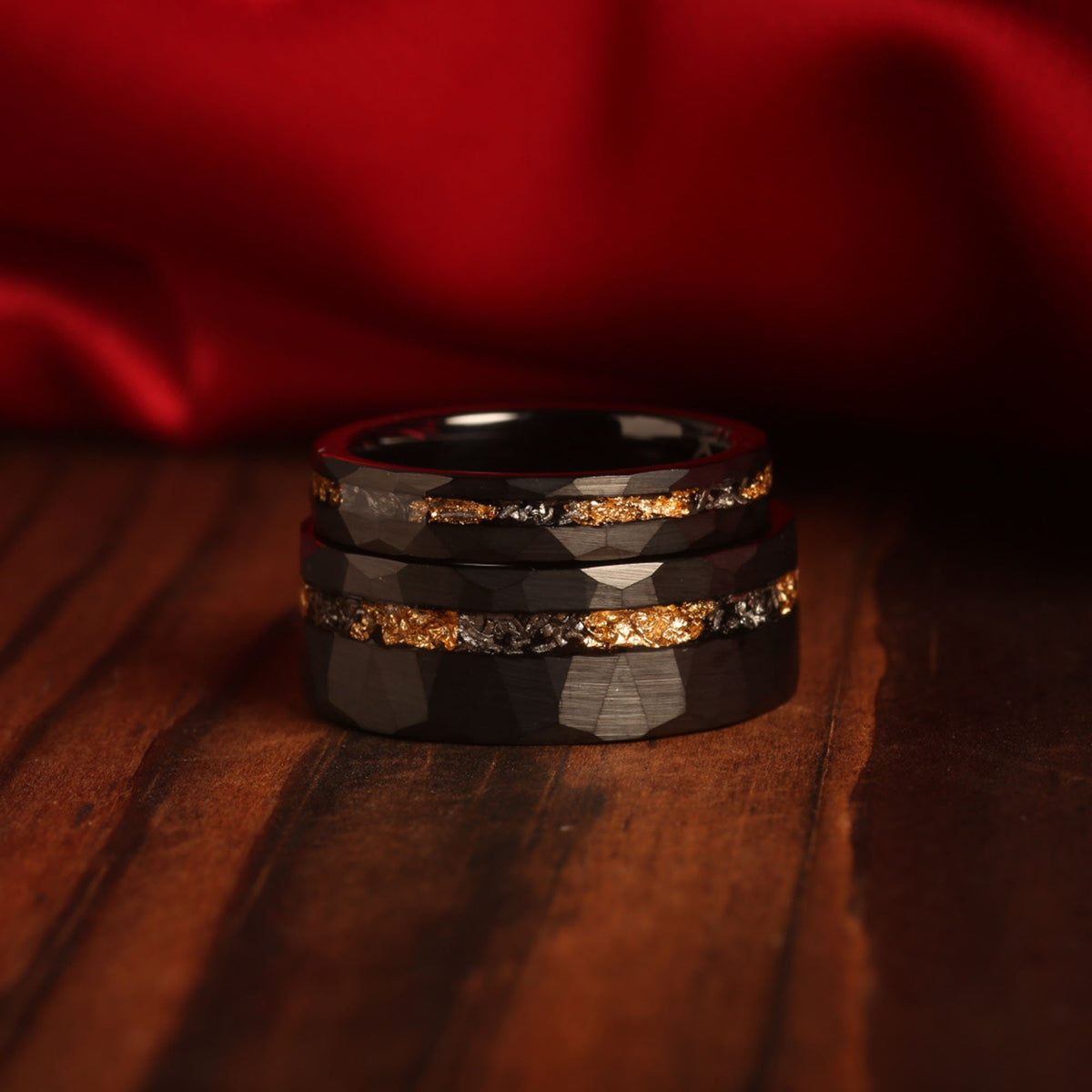 Meteorite gold leaf wedding rings for couples with premium contrast