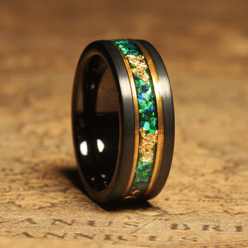 Green Garnet Meteorite Wedding Band for Men | 8mm Yellow Gold Tungsten Ring 4
