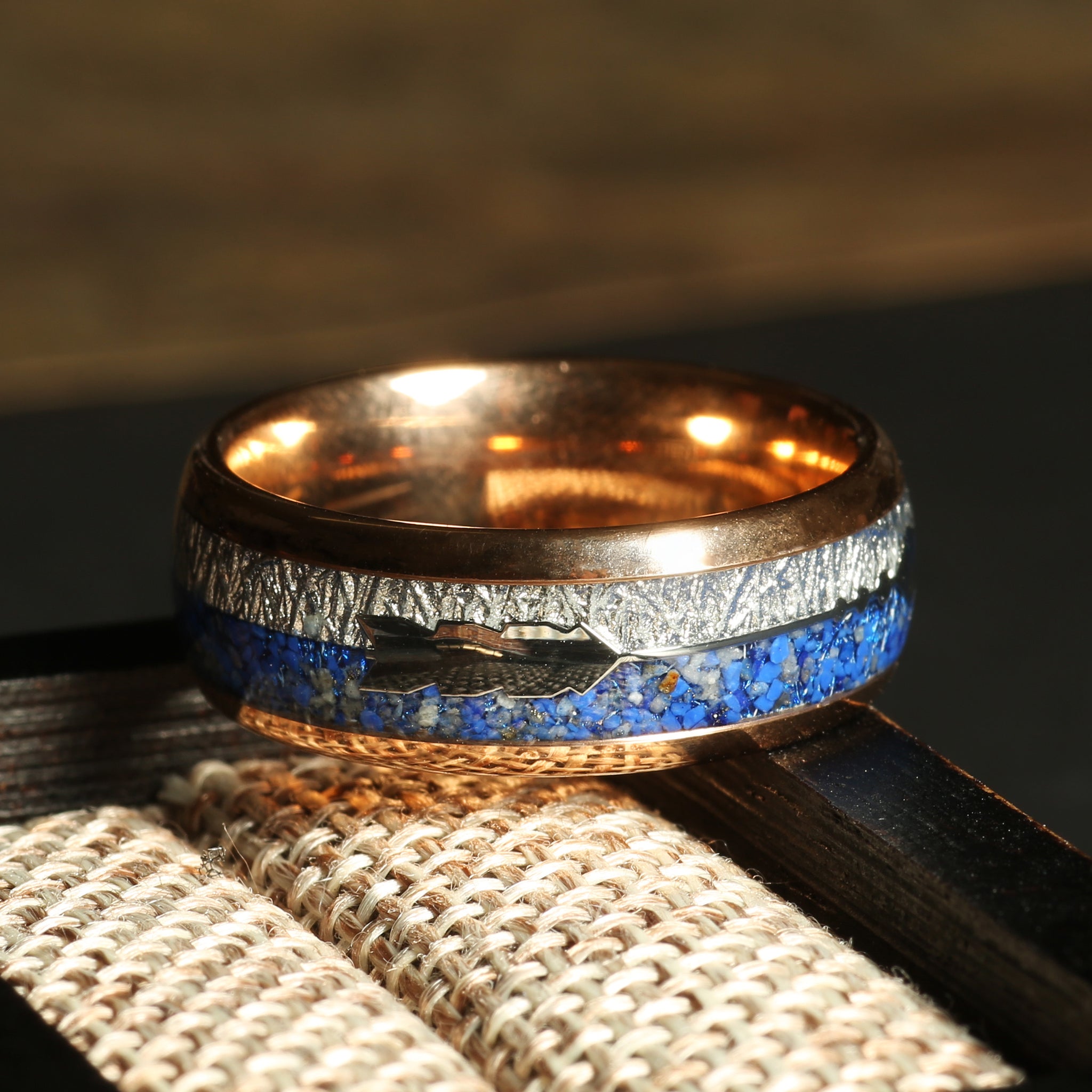 Meteorite Lapis Lazuli Wedding Band for Men | 8mm Rose Gold Tungsten Ring