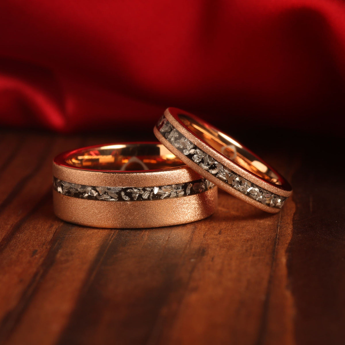 Meteorite matching wedding band set with sandblasted rose gold tungsten