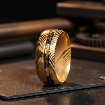 Meteorite Obsidian Gold Leaf Damascus Wedding Band for Men | 8mm Forged Ring 4