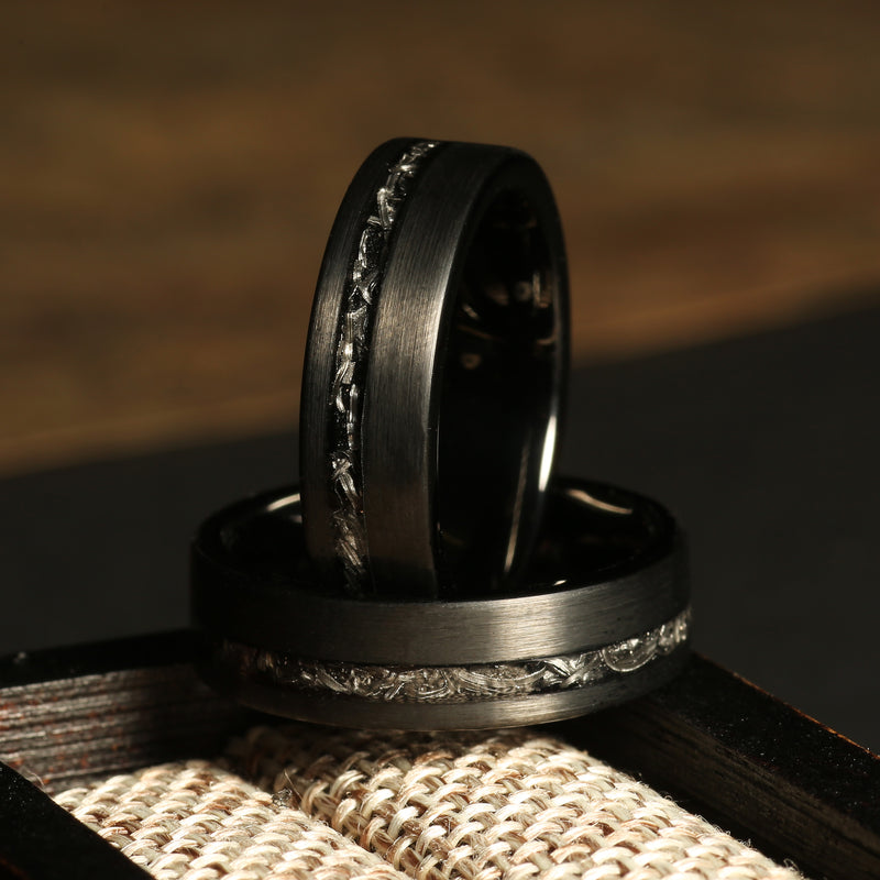 Meteorite obsidian ring for women with matte black finish