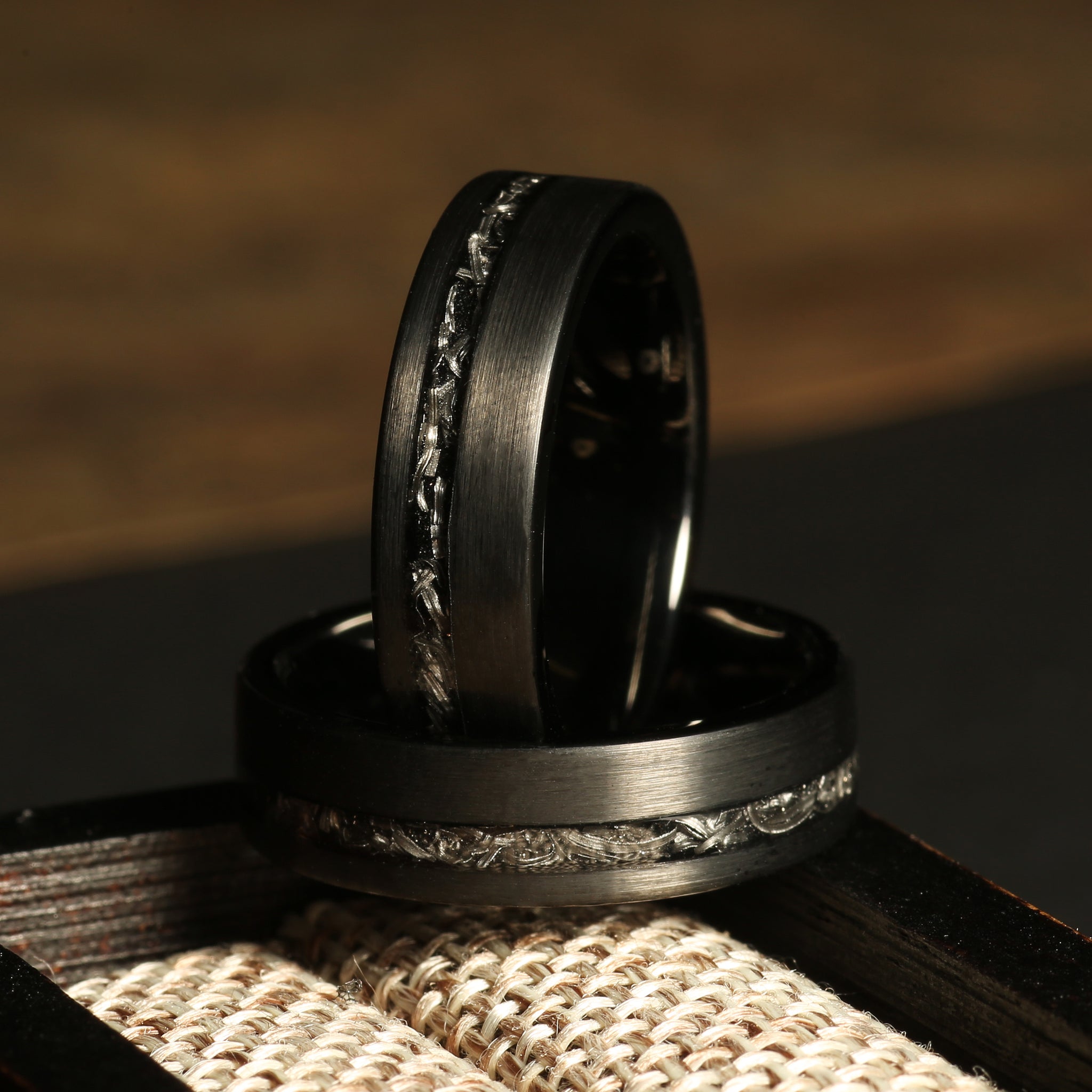 Meteorite Obsidian Ring for Women | 6mm Brushed Black Tungsten Band