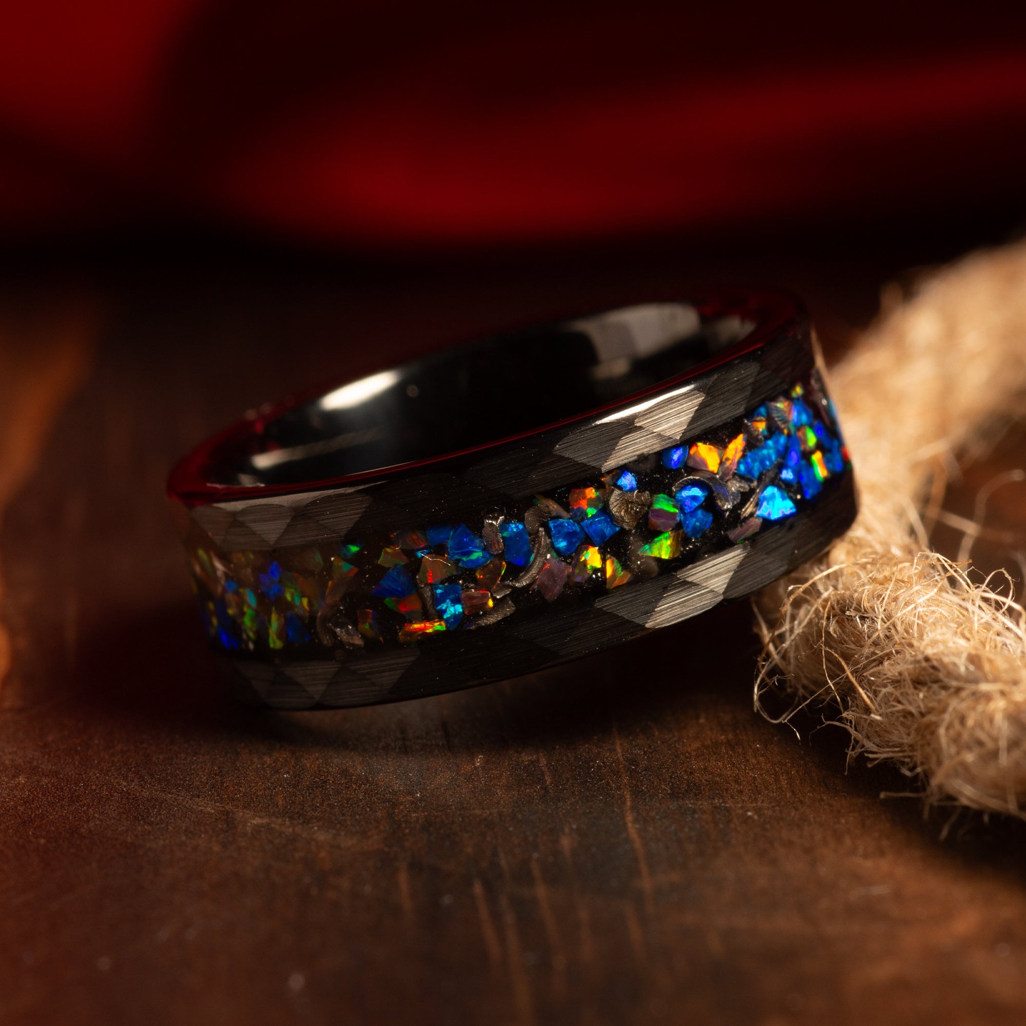 Meteorite Galaxy Opal Wedding Band for Men | 8mm Black Tungsten Ring