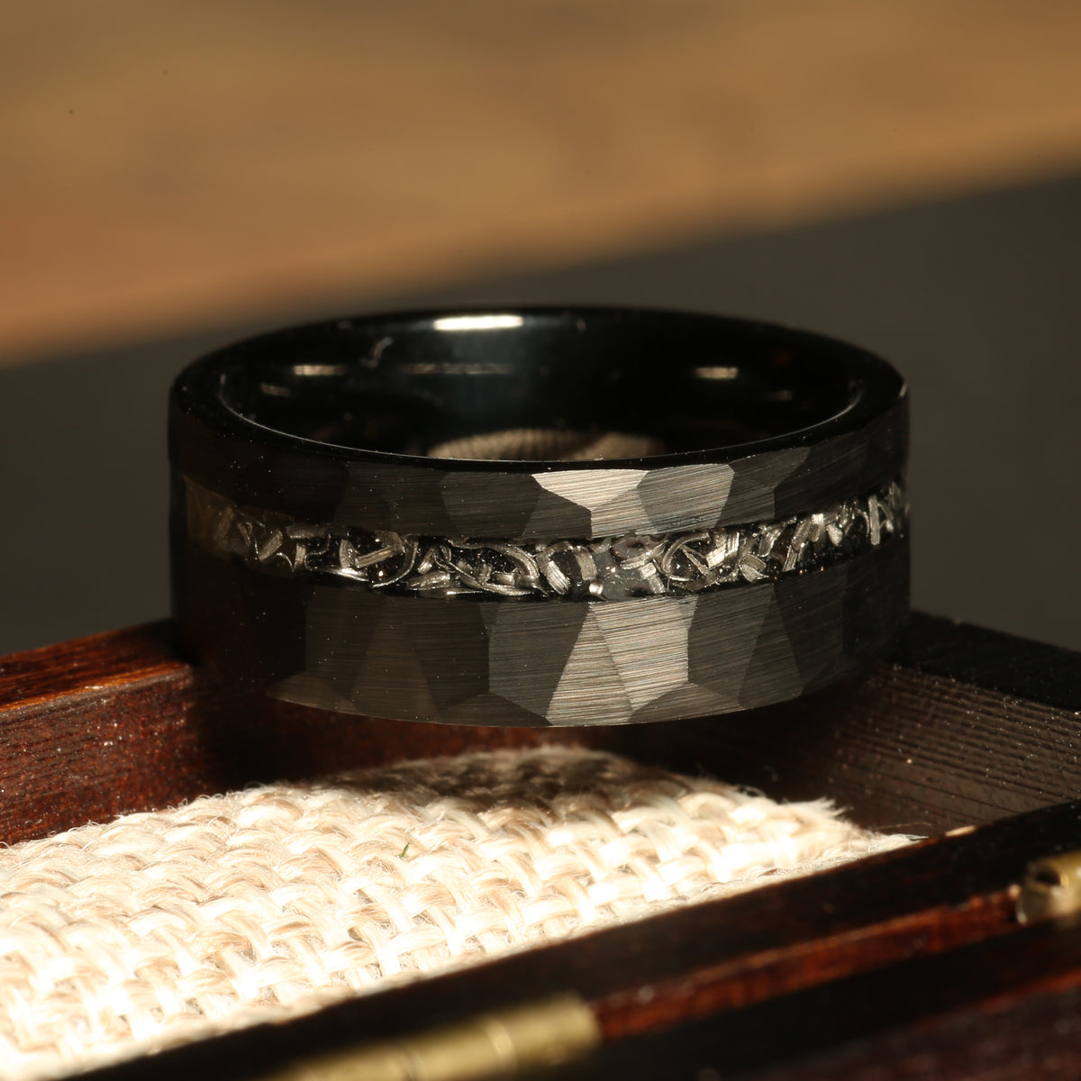 Meteorite ring for men with black tungsten band
