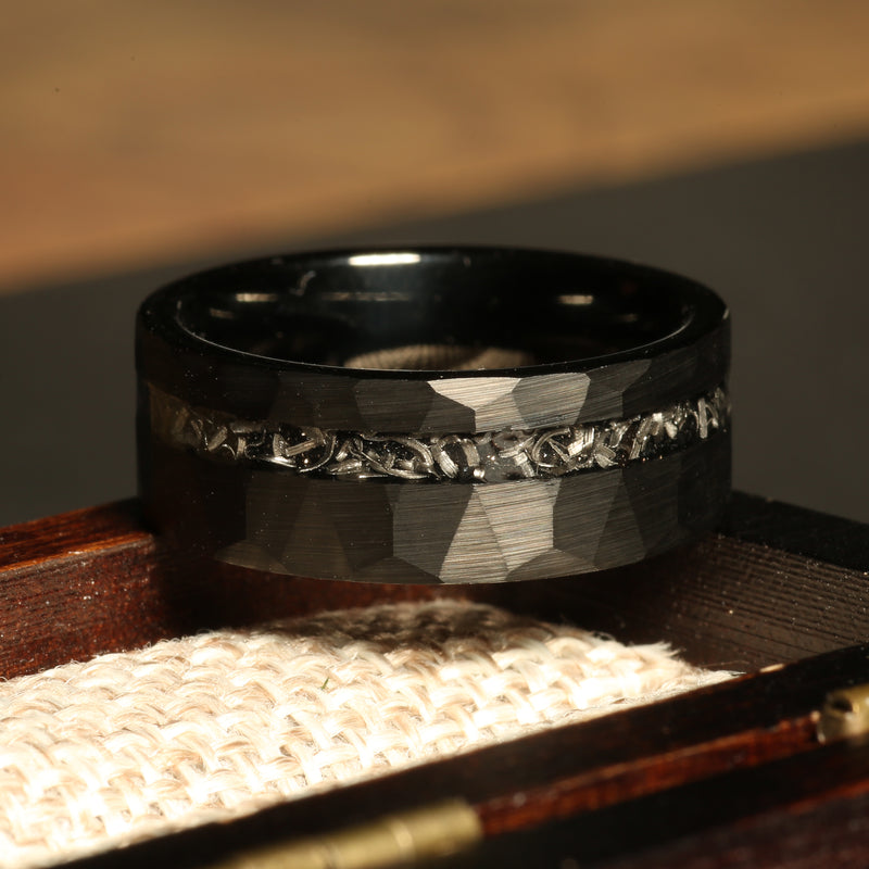 Meteorite ring for men with black tungsten band