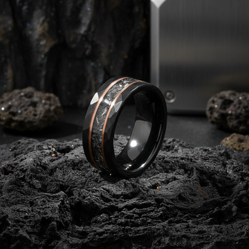 Meteorite Rose Gold Strip Wedding Band for Men | 8mm Black Hammered Tungsten Ring 4
