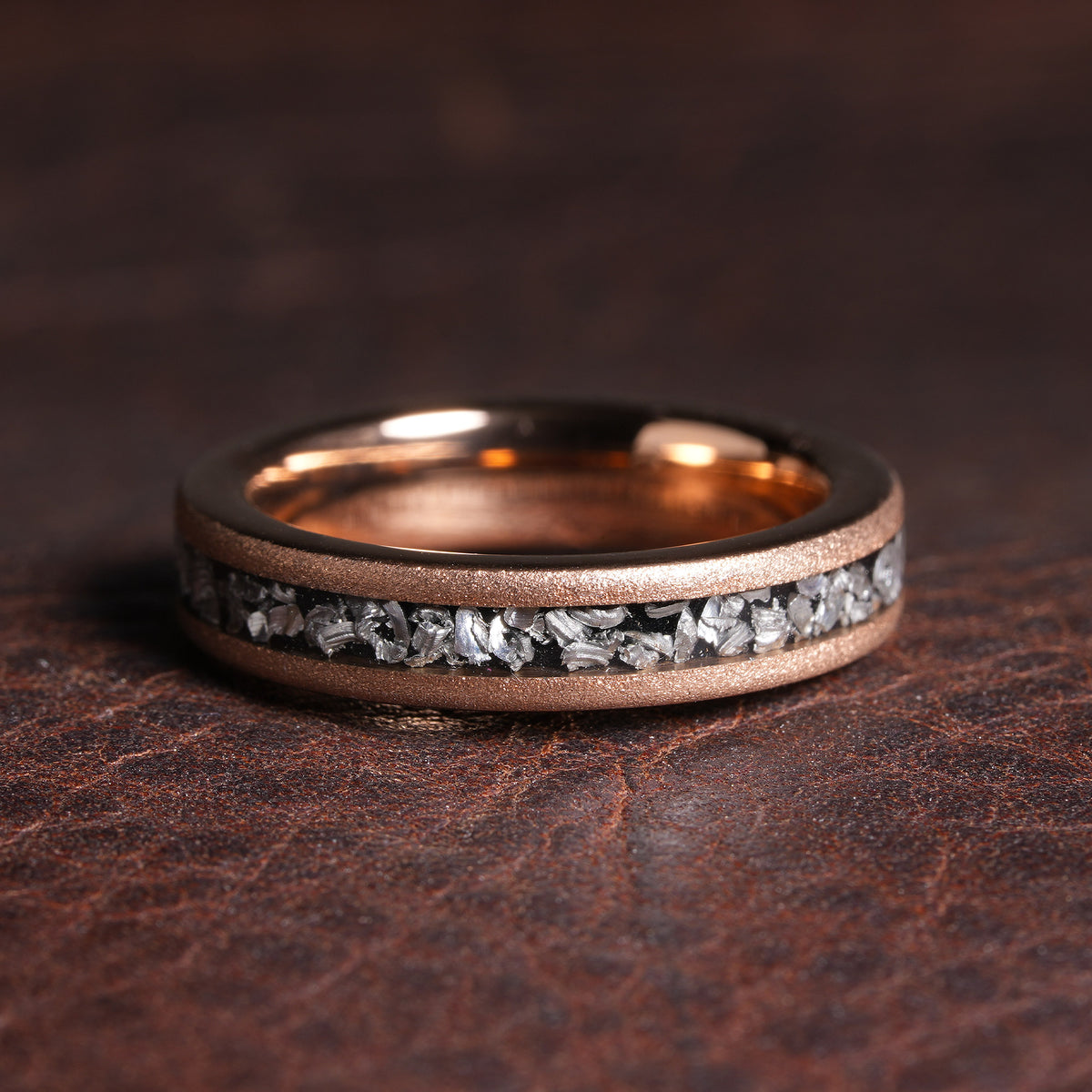 Sandblasted Meteorite Ring for Women | 4mm Rose Gold Tungsten Band with Meteorite Inlay