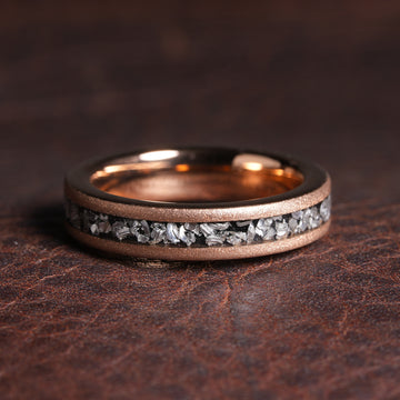 Sandblasted Meteorite Ring for Women | 4mm Rose Gold Tungsten Band with Meteorite Inlay 1