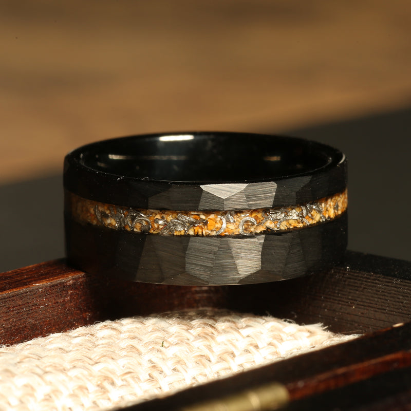Meteorite sandstone ring for men with hammered black tungsten
