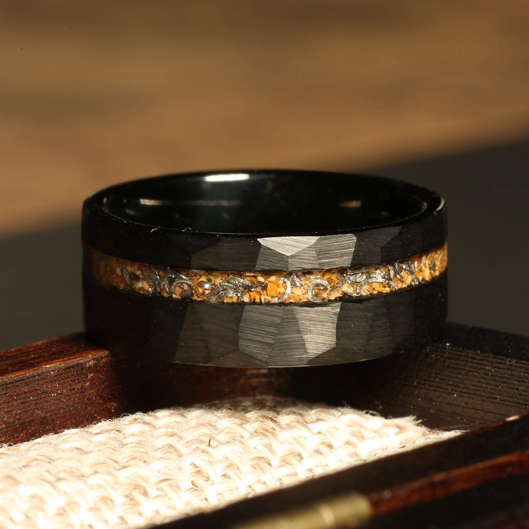 Meteorite Sandstone Wedding Band for Men | 8mm Black Tungsten Ring