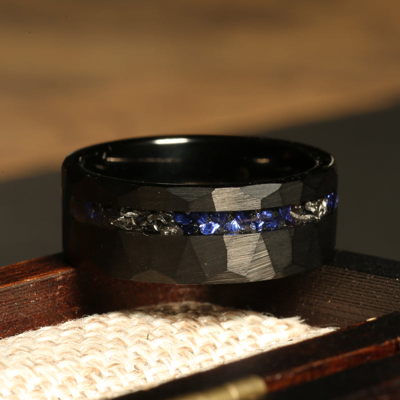 Meteorite sapphire wedding ring for men with black tungsten