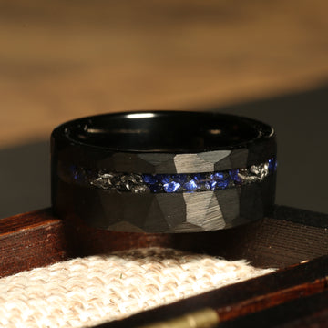 Meteorite Sapphire Wedding Band for Men | 8mm Black Tungsten Ring 2