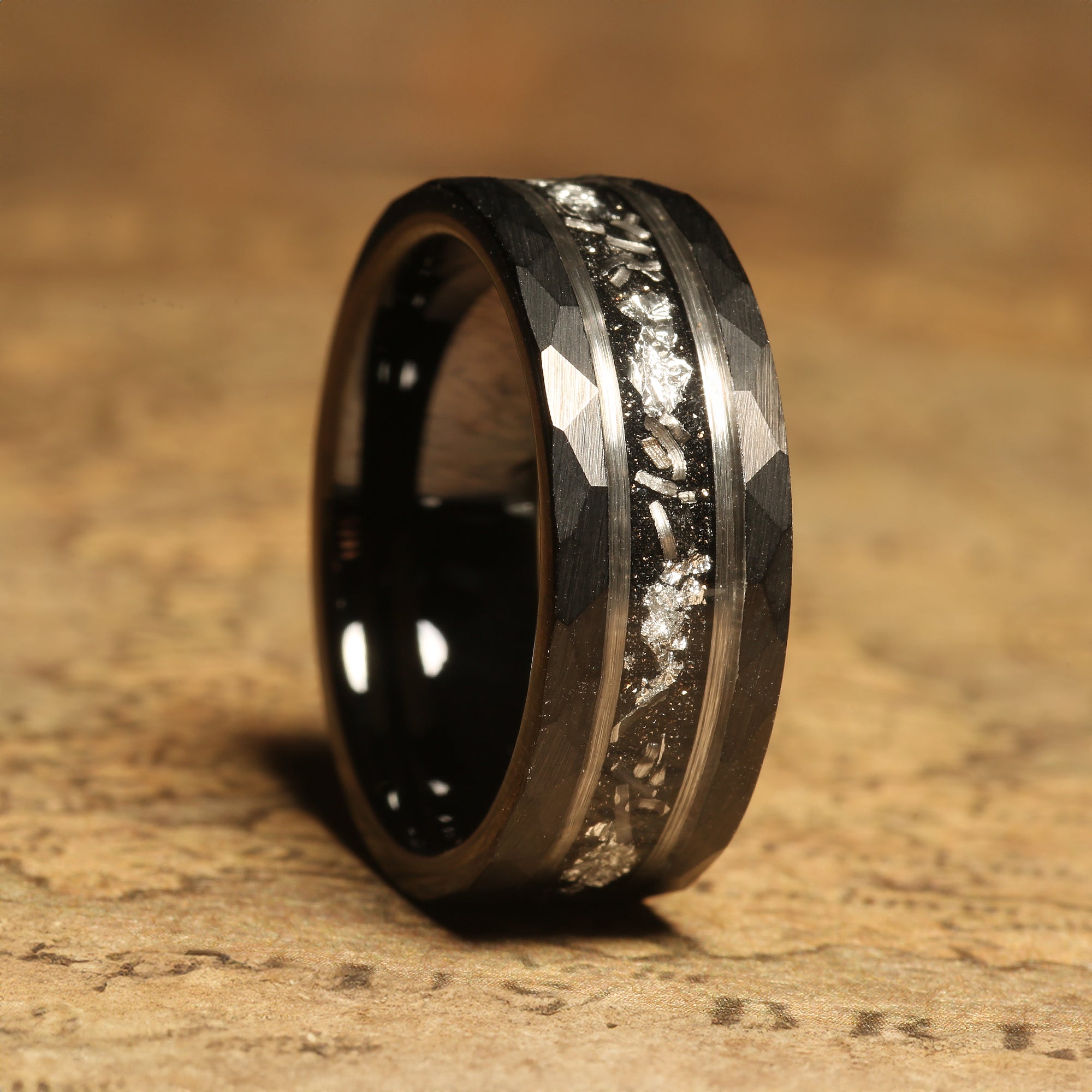 Meteorite Silver Leaf Wedding Band for Men | 8mm Black Hammered Tungsten Ring