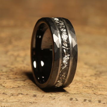 Meteorite Silver Leaf Wedding Band for Men | 8mm Black Hammered Tungsten Ring 4