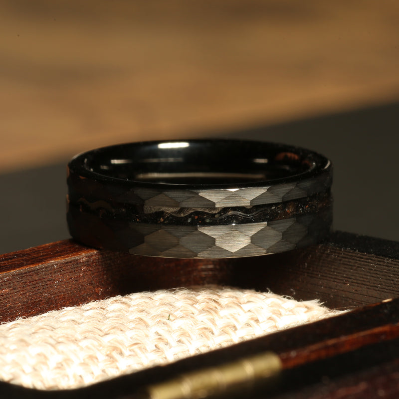 Meteorite wedding band for him or her with black tungsten