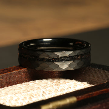 Minimalist Meteorite Wedding Band | 6mm Black Hammered Tungsten Ring 2