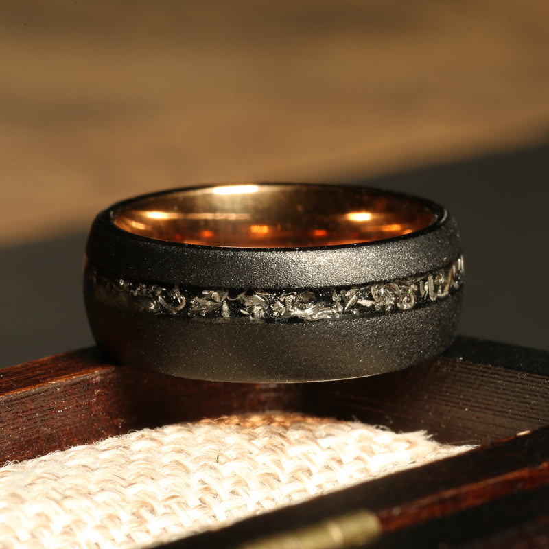 Meteorite wedding ring for men with black sandblasted tungsten