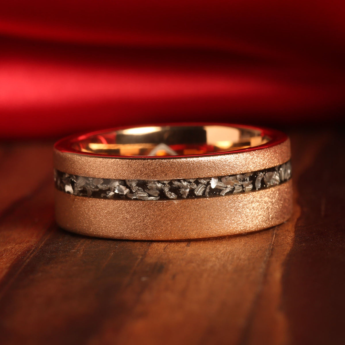 Meteorite wedding rings for couples with warm rose gold matte finish