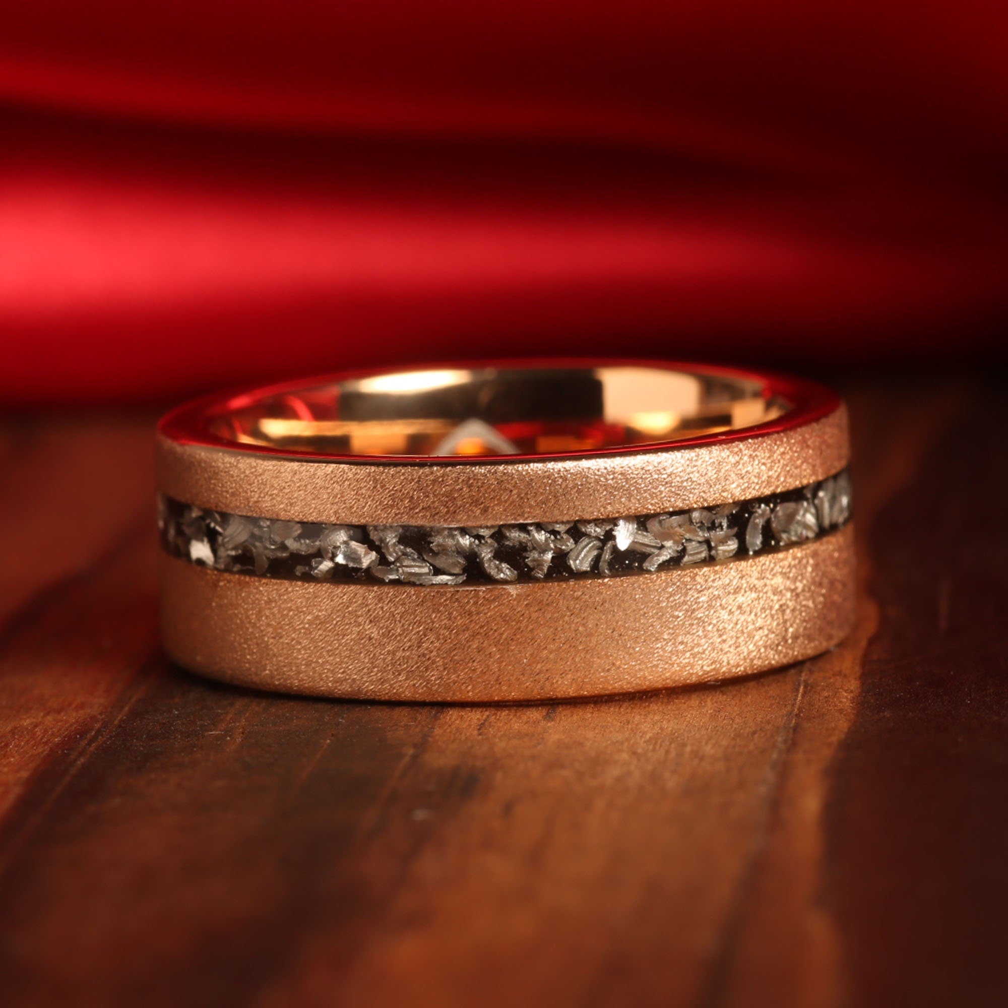 Meteorite Matching Wedding Band Set | Sandblasted Rose Gold Tungsten Rings