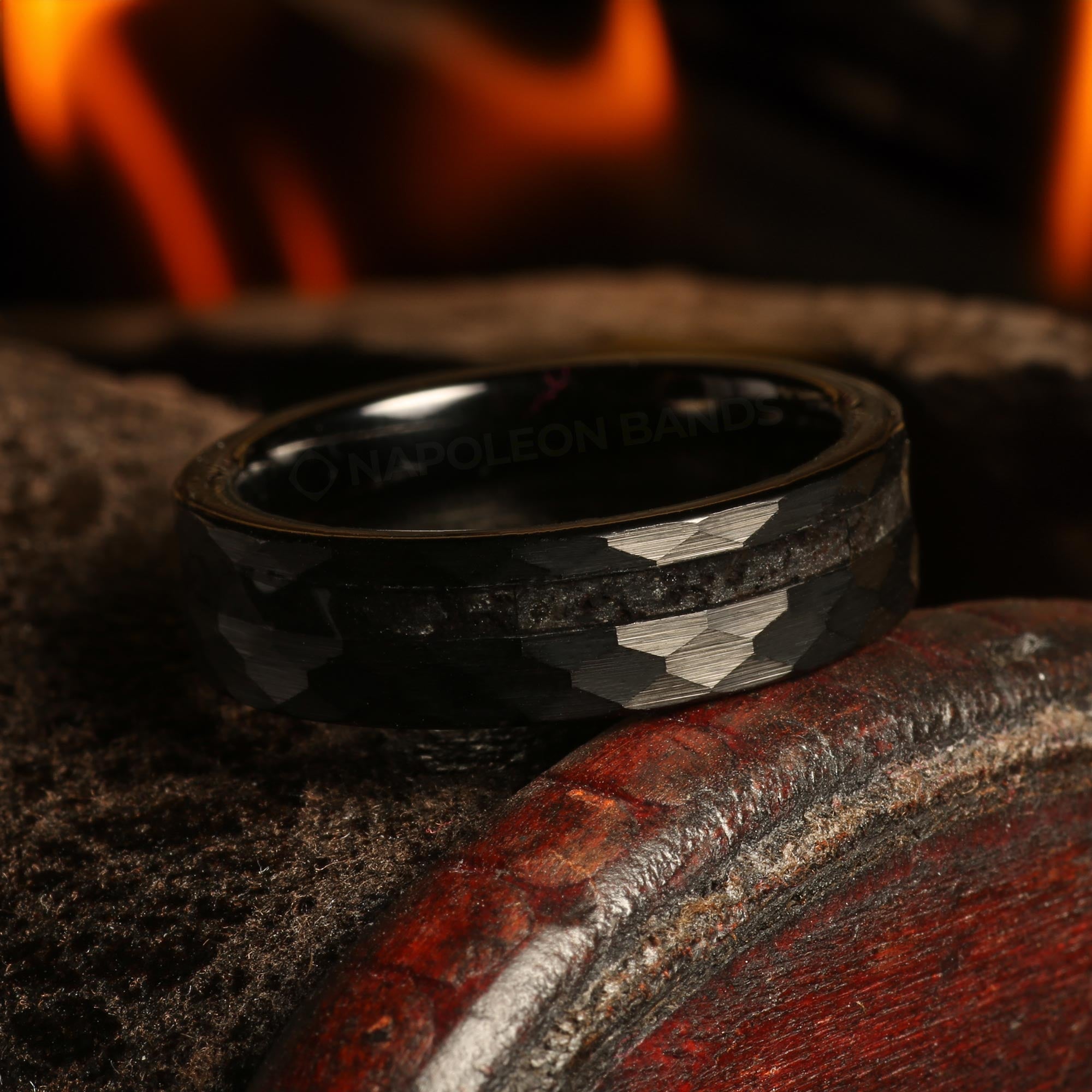 Minimalist Meteorite Wedding Band | 6mm Black Hammered Tungsten Ring