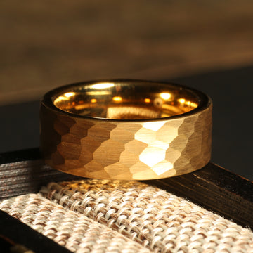 Minimalist Gold Wedding Band for Men | 8mm Hammered Tungsten Ring 2