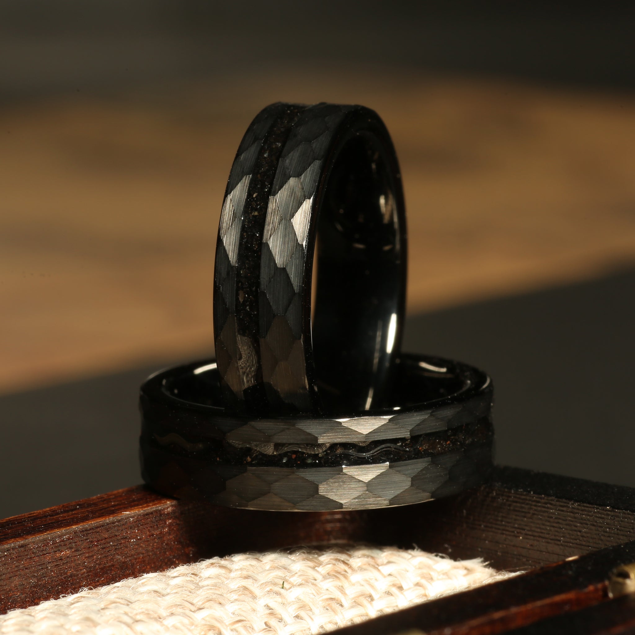 Minimalist Meteorite Wedding Band | 6mm Black Hammered Tungsten Ring