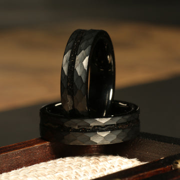 Minimalist Meteorite Wedding Band | 6mm Black Hammered Tungsten Ring 1