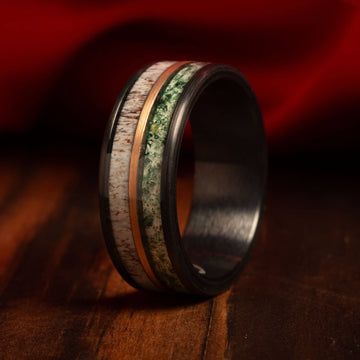 Moss Agate Deer Antler Wedding Band for Men | 8mm Rose Gold Tungsten Ring 6