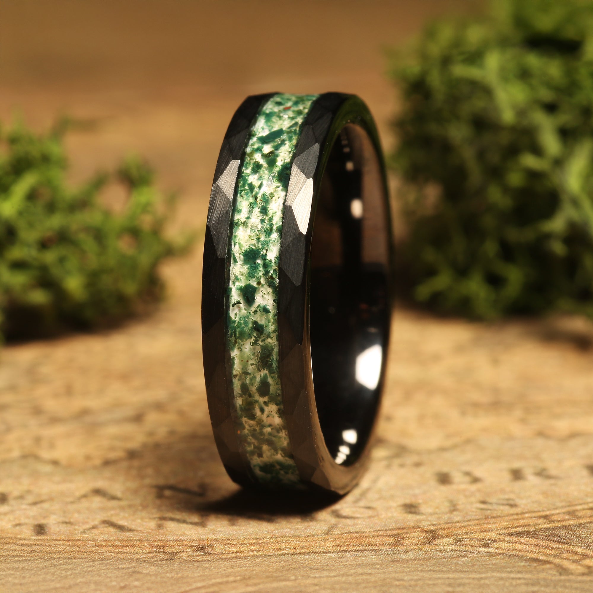 Moss Agate Wedding Band for Him or Her | 6mm Black Hammered Tungsten Ring