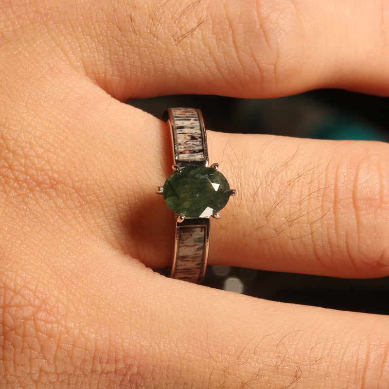 Moss agate deer antler ring for women with sterling silver