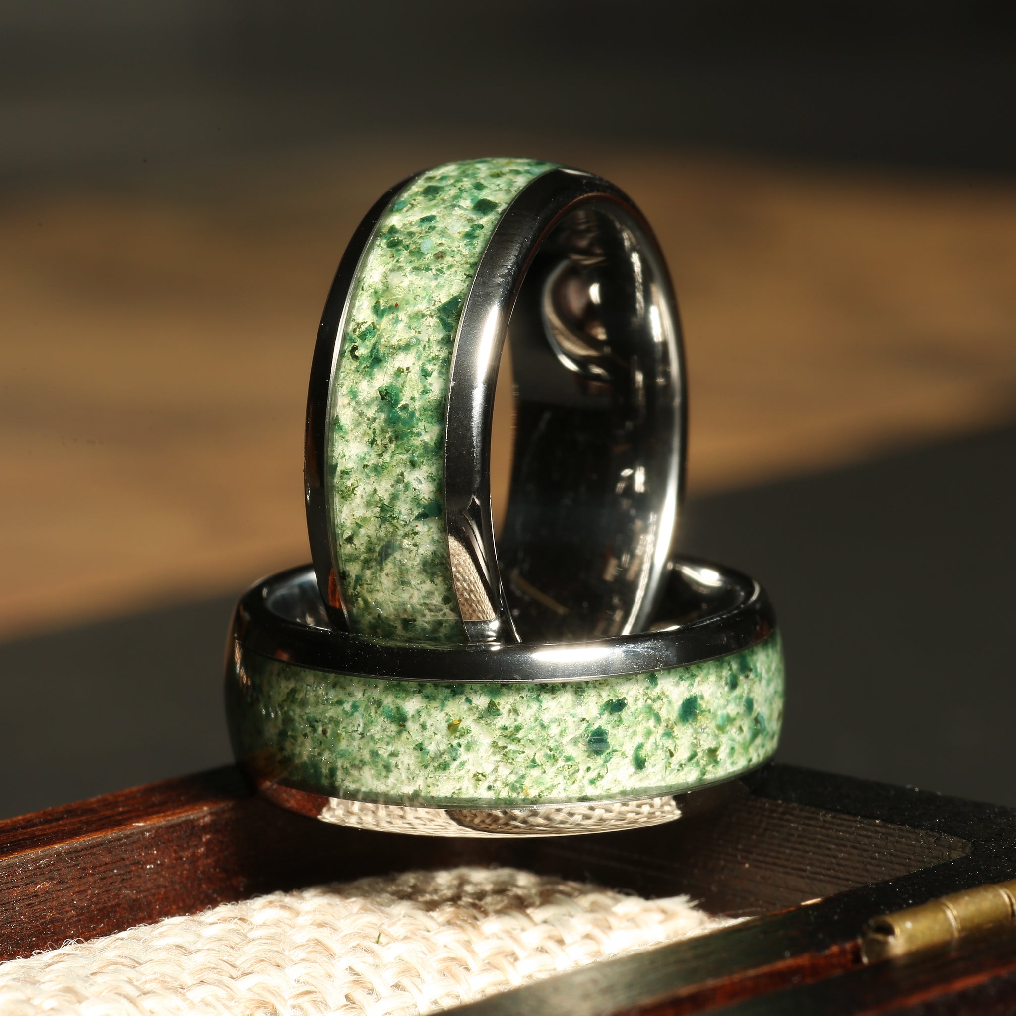 Moss Agate Matching Wedding Band Set | His and Hers Silver Tungsten Rings
