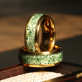 Moss Agate Matching Wedding Band Set | Yellow Gold Tungsten Rings