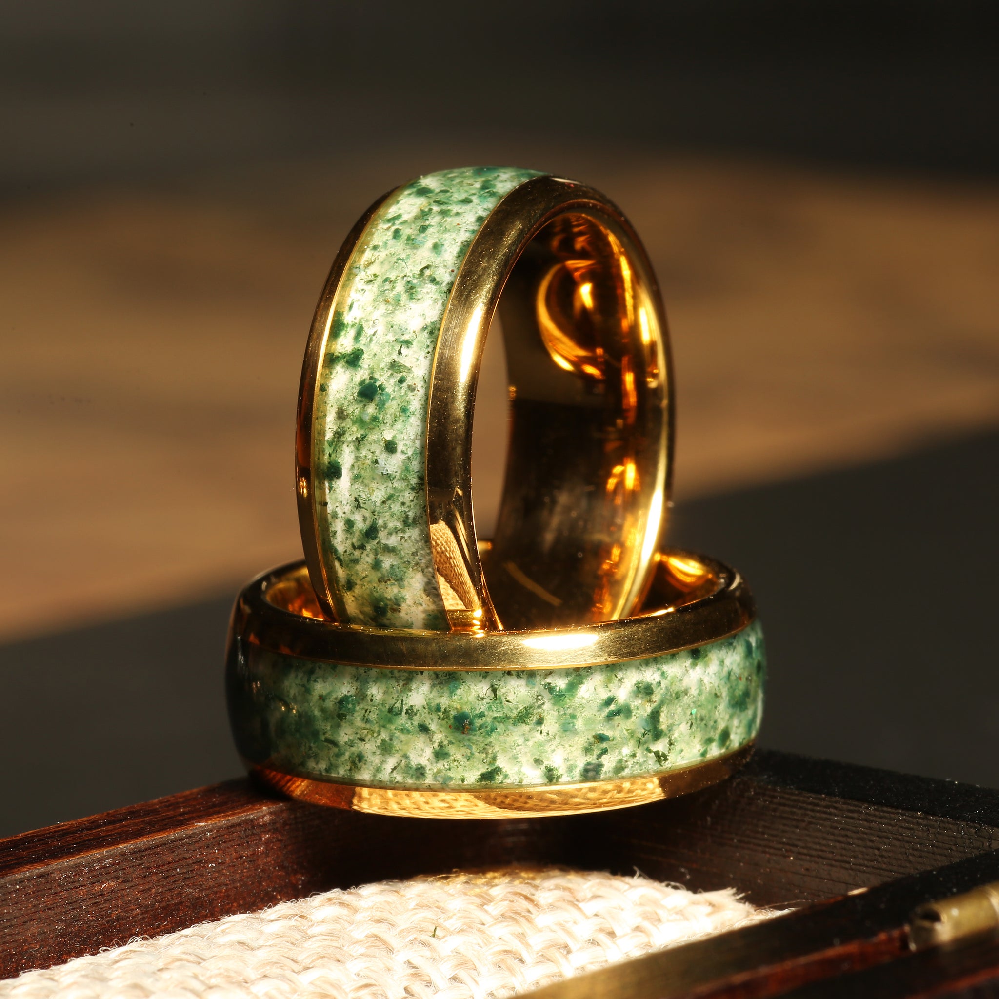 Moss Agate Matching Wedding Band Set | Yellow Gold Tungsten Rings