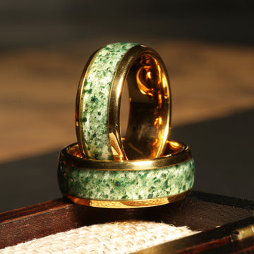 Moss Agate Matching Wedding Band Set | Yellow Gold Tungsten Rings 1