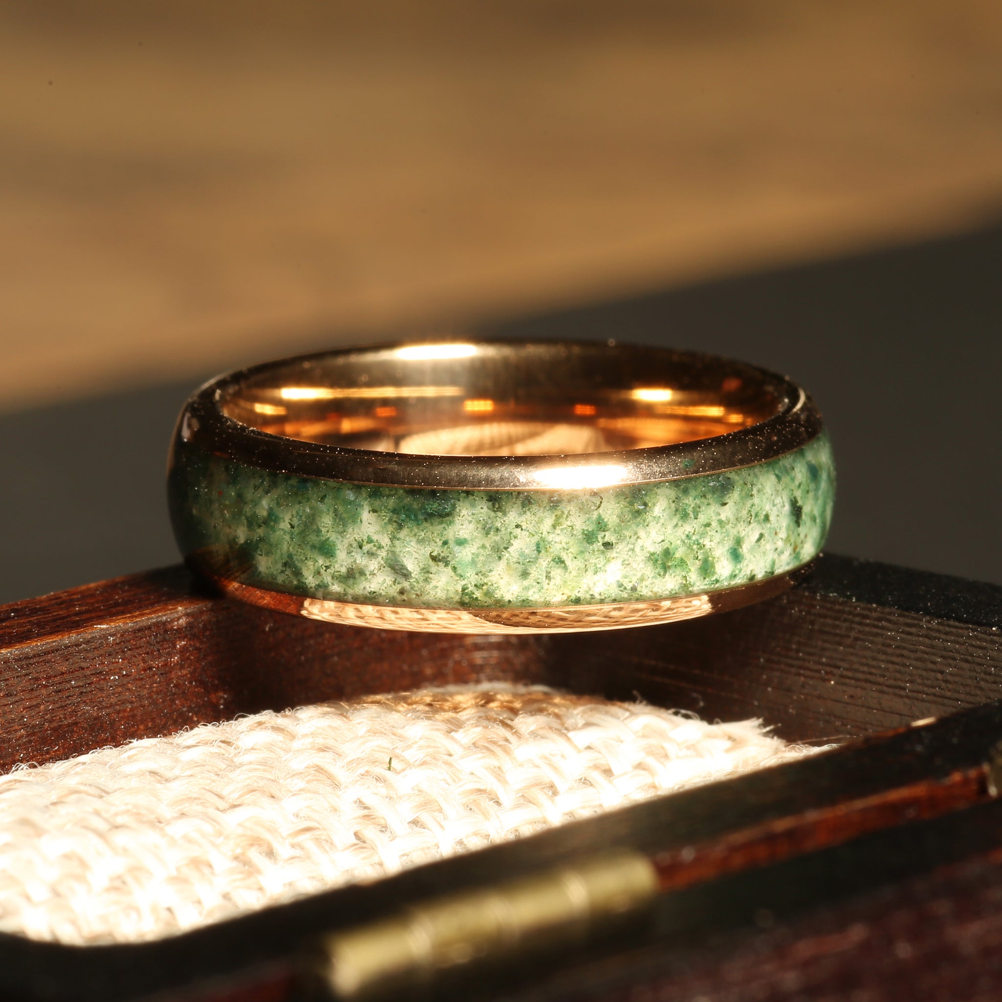Moss Agate Wedding Band | 6mm Rose Gold Tungsten Ring for Him or Her
