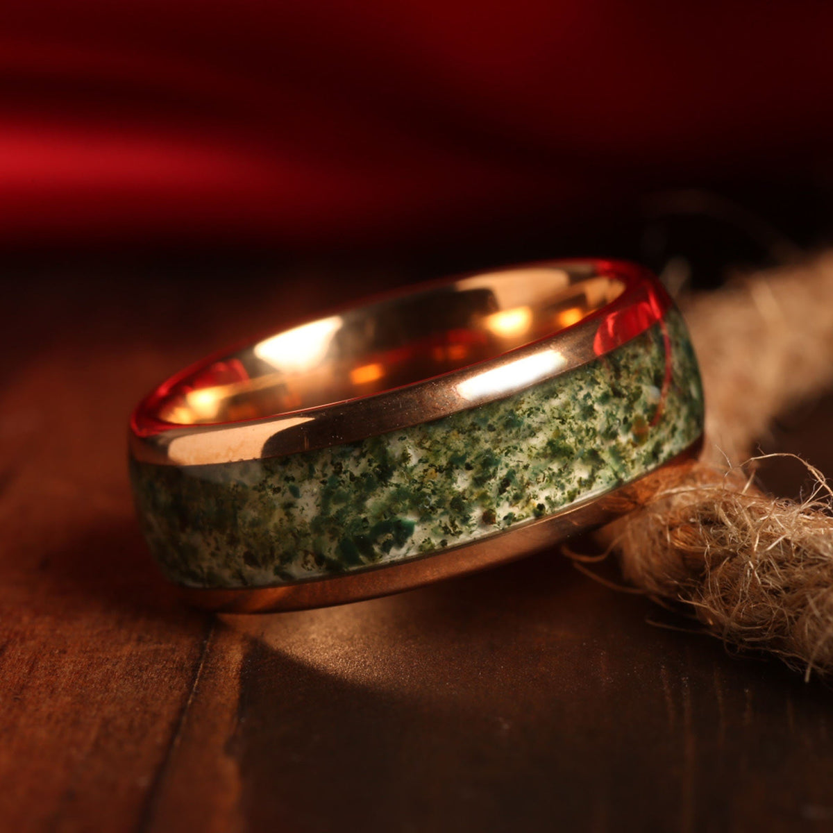 Moss agate ring for men with rose gold tungsten