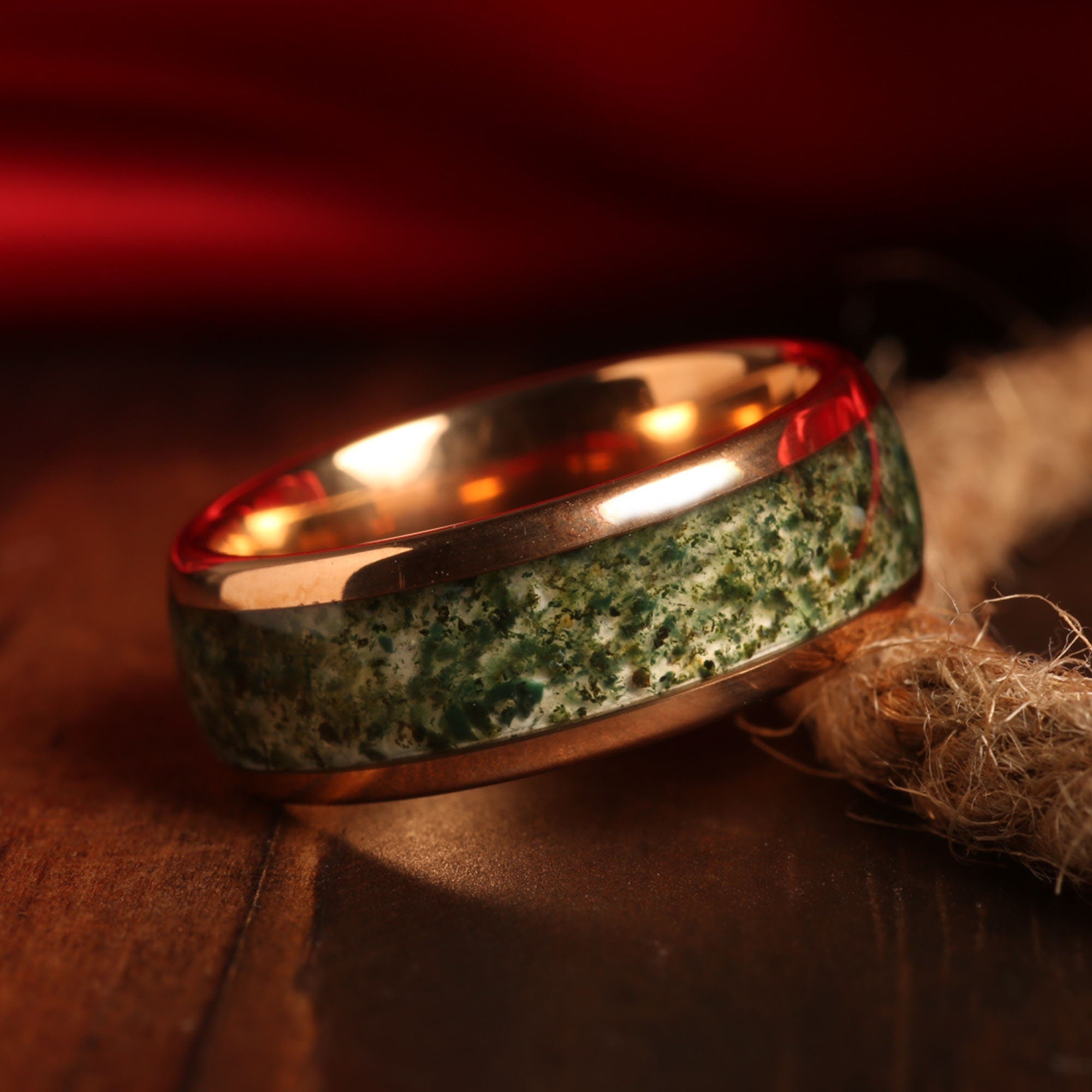 Moss Agate Ring for Men | 8mm Rose Gold Tungsten Wedding Band