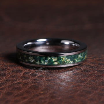 Moss Agate Wedding Band for Women | 4mm Silver Tungsten Ring | Nature-Inspired Comfort Fit 1