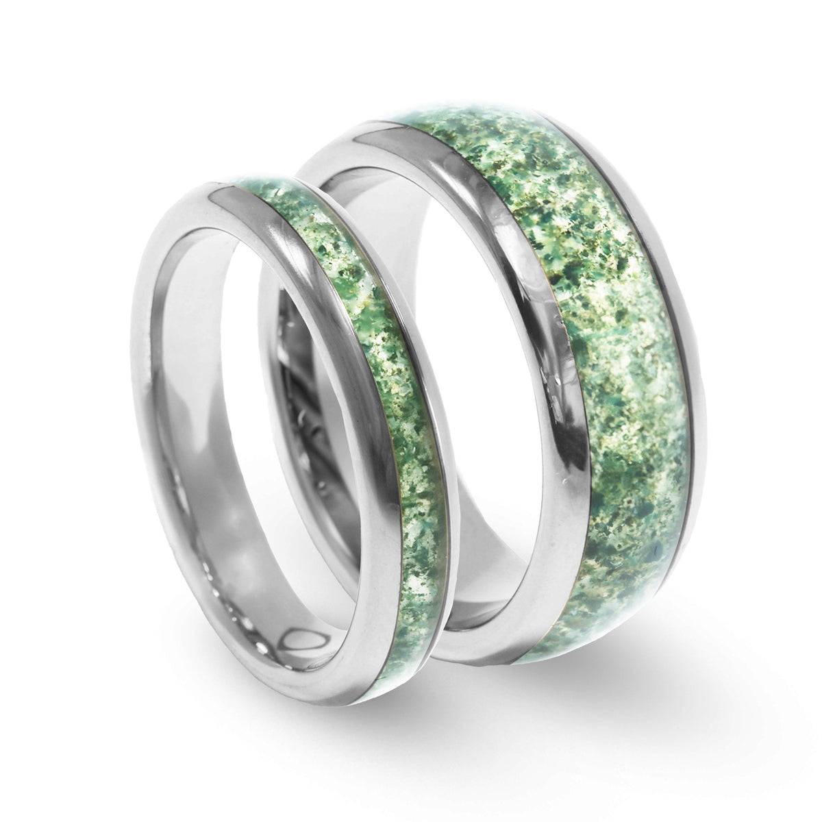 Moss agate silver couple wedding rings with earthy green detail