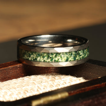 Moss Agate Nature Ring for Men | 6mm Silver Hammered Tungsten Band 2