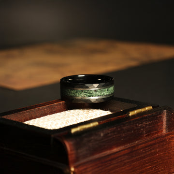 Moss Agate Silver Strip Wedding Band for Men | 8mm Black Hammered Tungsten Ring 2