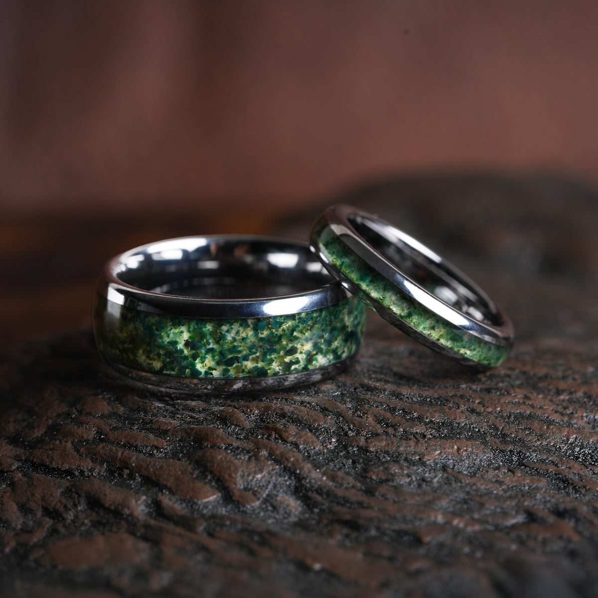 Moss Agate Matching Wedding Band Set | His & Hers 8mm Silver Tungsten Couple Rings