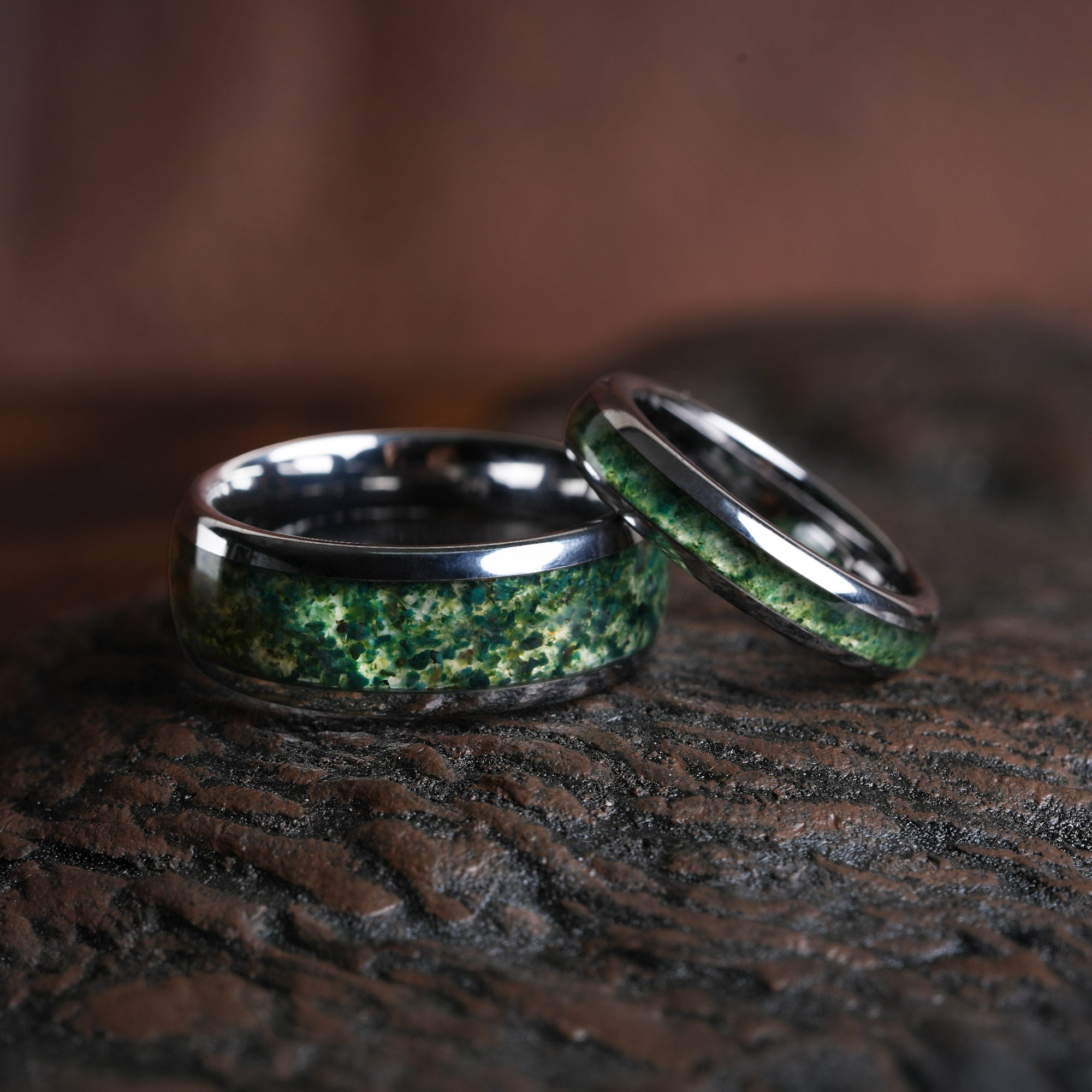 Moss Agate Matching Wedding Band Set | His & Hers 8mm Silver Tungsten Couple Rings