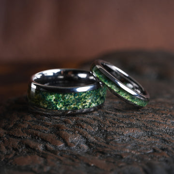 Moss Agate Matching Wedding Band Set | His & Hers 8mm Silver Tungsten Couple Rings 1