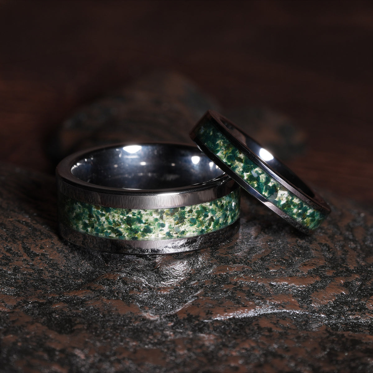 Moss Agate Matching Wedding Band Set | His and Hers Silver Tungsten Rings