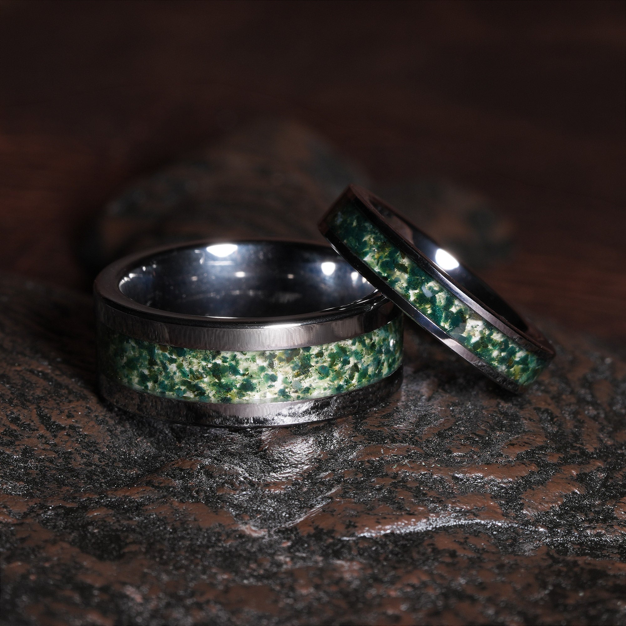 Moss Agate Matching Wedding Band Set — His and Hers 8mm & 4mm Silver Tungsten Couple Rings